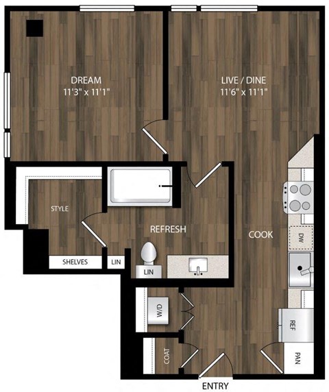 Floor plan for 1 bed, 1 bath, 616 sqft
